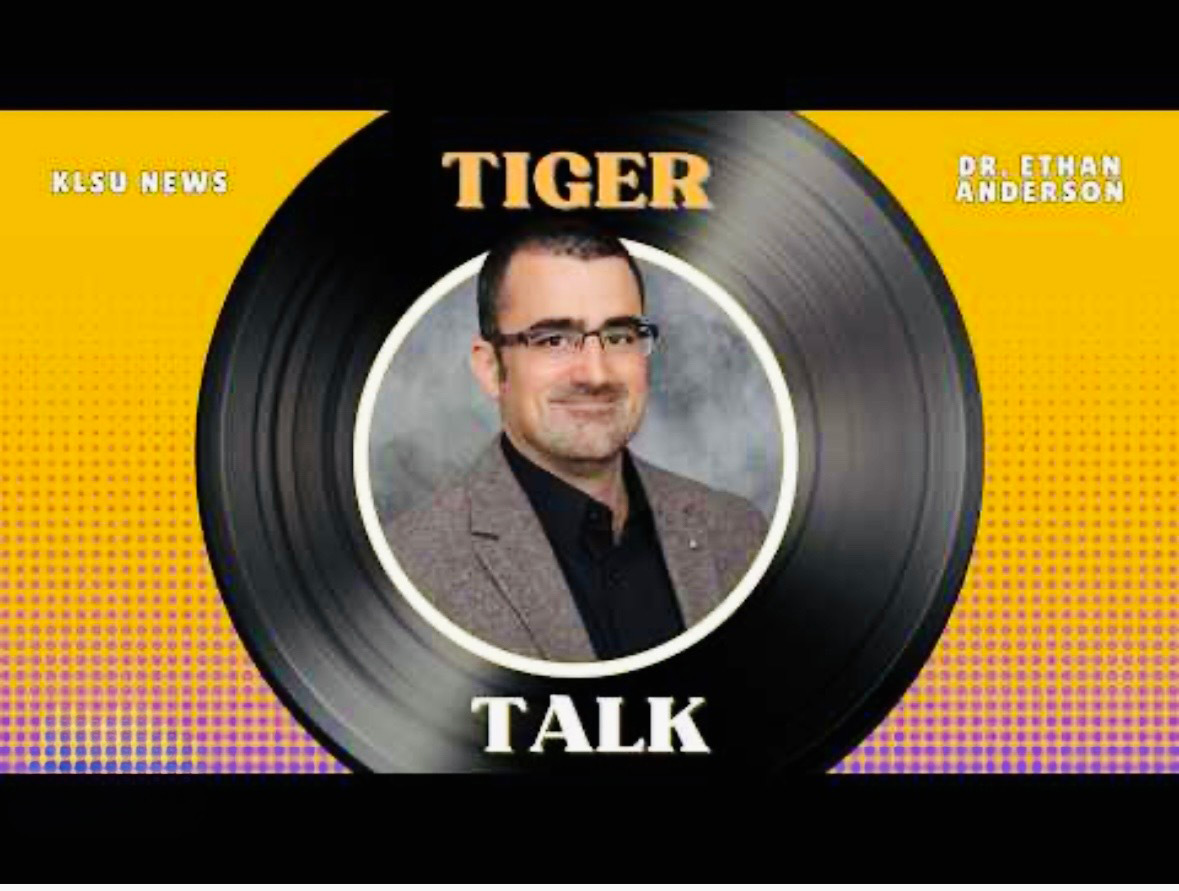KLSU Tiger Talks graphic with a record featuring Dr. Anderson's photo