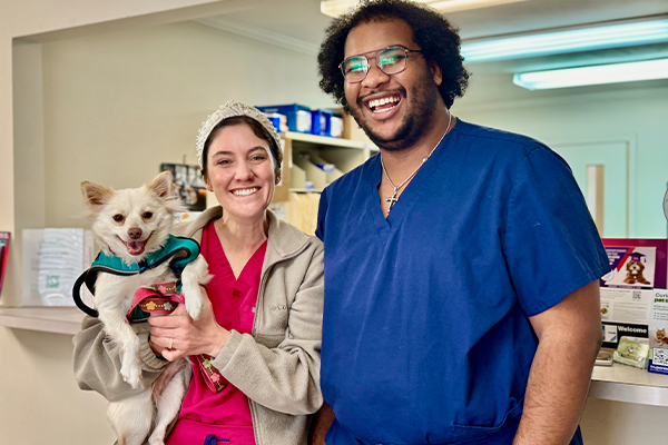 Dr. Danielle Fazio holding a white dog with veterinary student Jashawn Ferrand