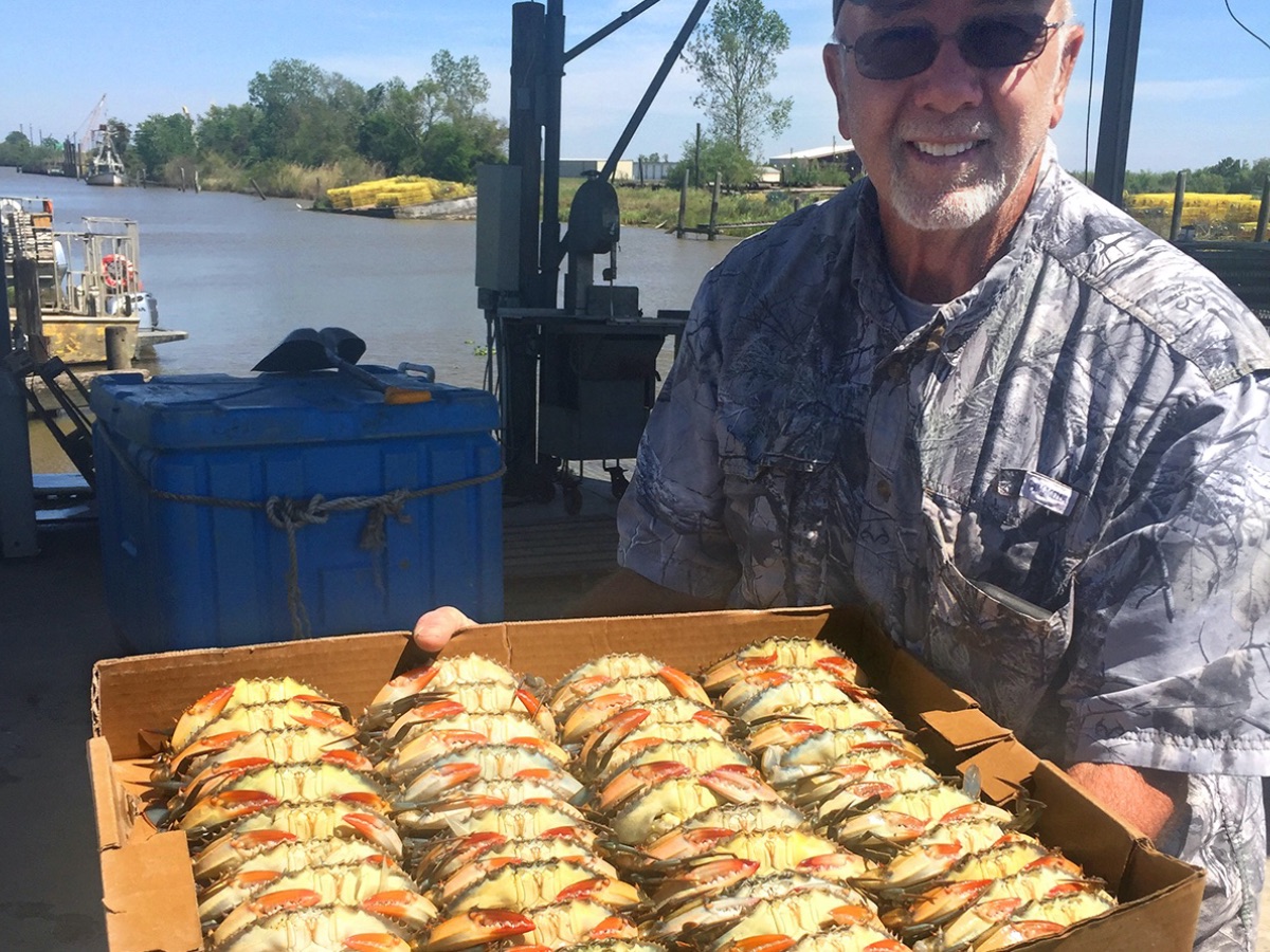 A fisherman shows off his crabs