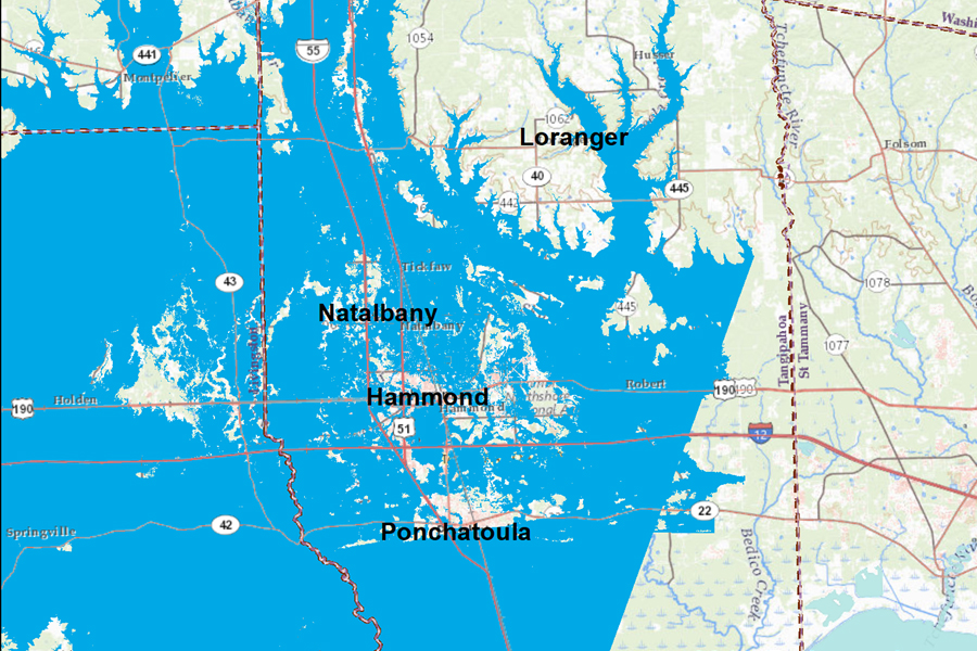 Estimated extent of flooding in Tangipahoa Parish in August 2016