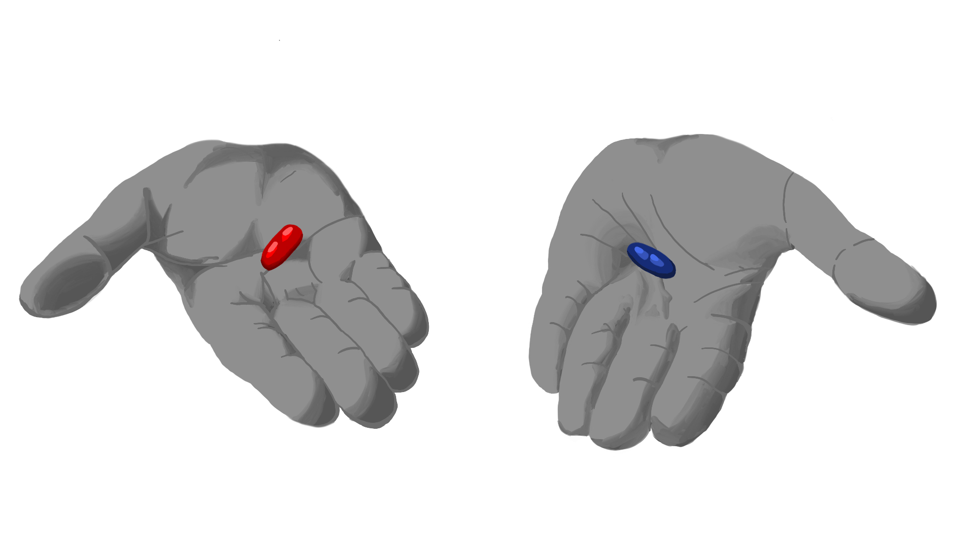 Hands showing a red pill and a blue pill