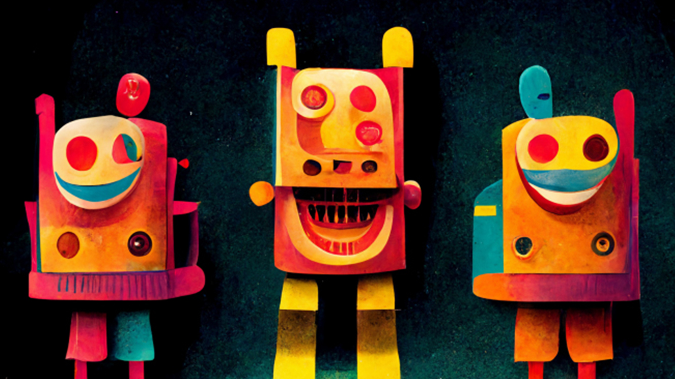 AI-generated image of happy robots