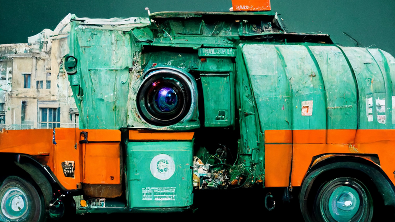 AI-generated image of a garbage truck outfitted with a large camera