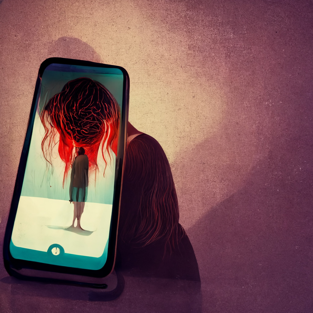 AI-generated art of a woman leaning through a smartphone screen