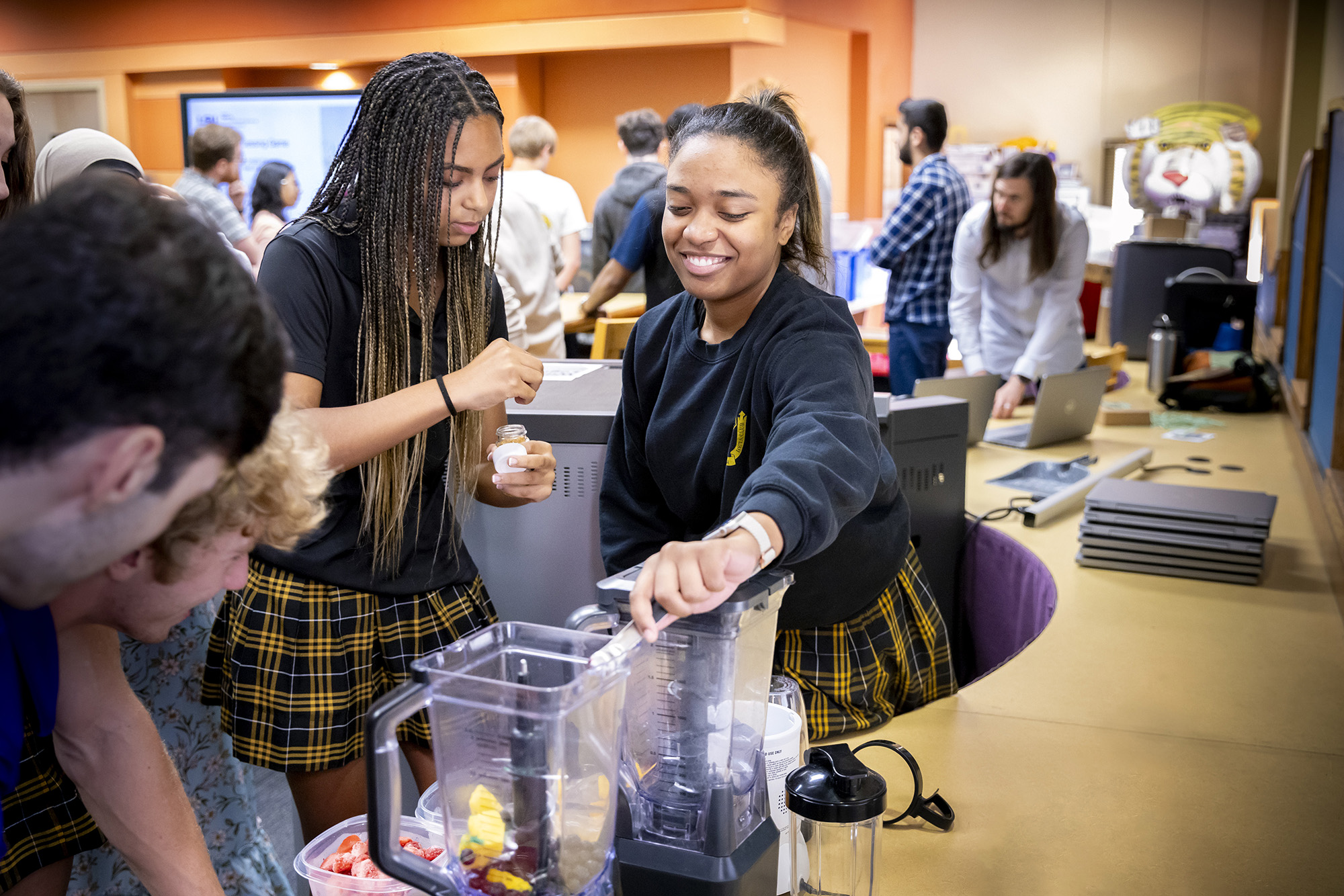 University Lab School 10th graders Olivia Sterling and Brooke Crain make cyber smoothies.